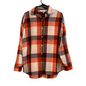 Old Navy Plaid Flannel Orange Maroon Button Down Boyfriend Shirt SIZE MEDIUM